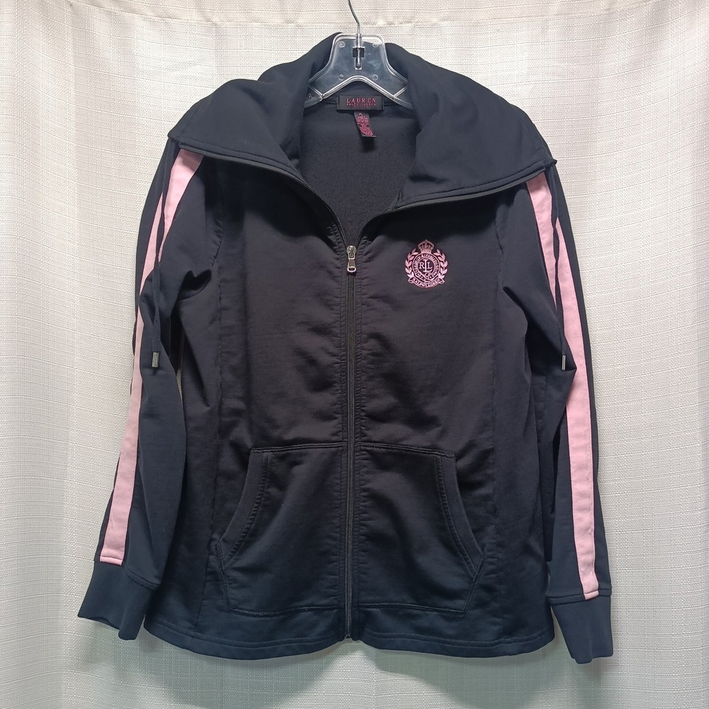 Lauren Ralph Lauren Petite Womens PL Black Zip Up‎ Jacket Pink Crest Active Wear